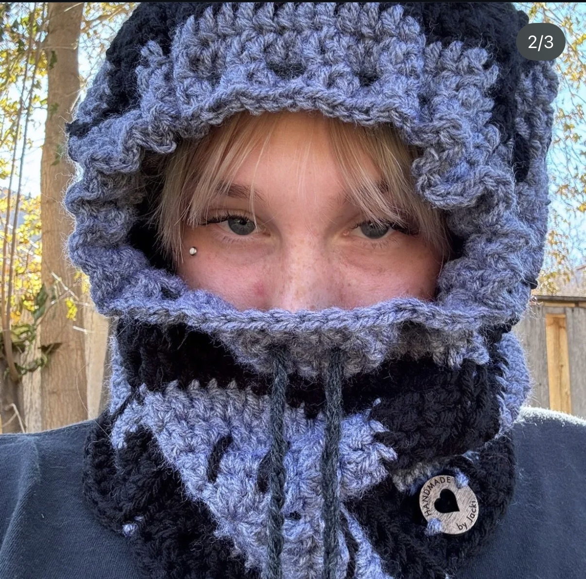 Ruffled grey granny-square balaclava hood